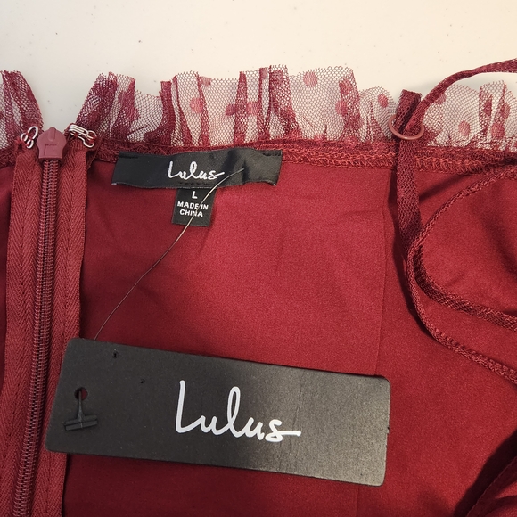 NWT Lulu's Sweetheart Style Burgundy Polka Dot Bustier Tiered Midi Dress Size L - Picture 8 of 16